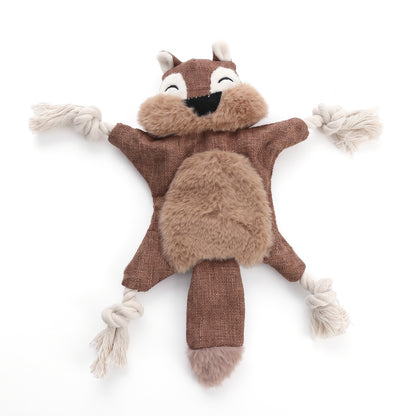Brown squirrel no stuffing squeaky dog toy with knotted rope limbs