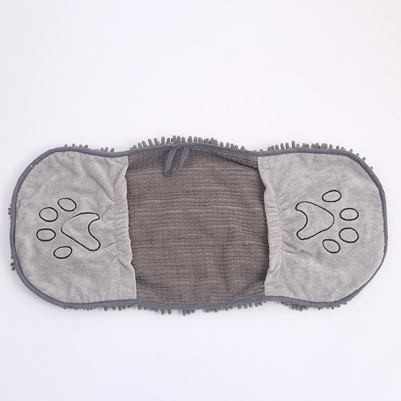 Grey chenille dog towel with paw-print hand pockets