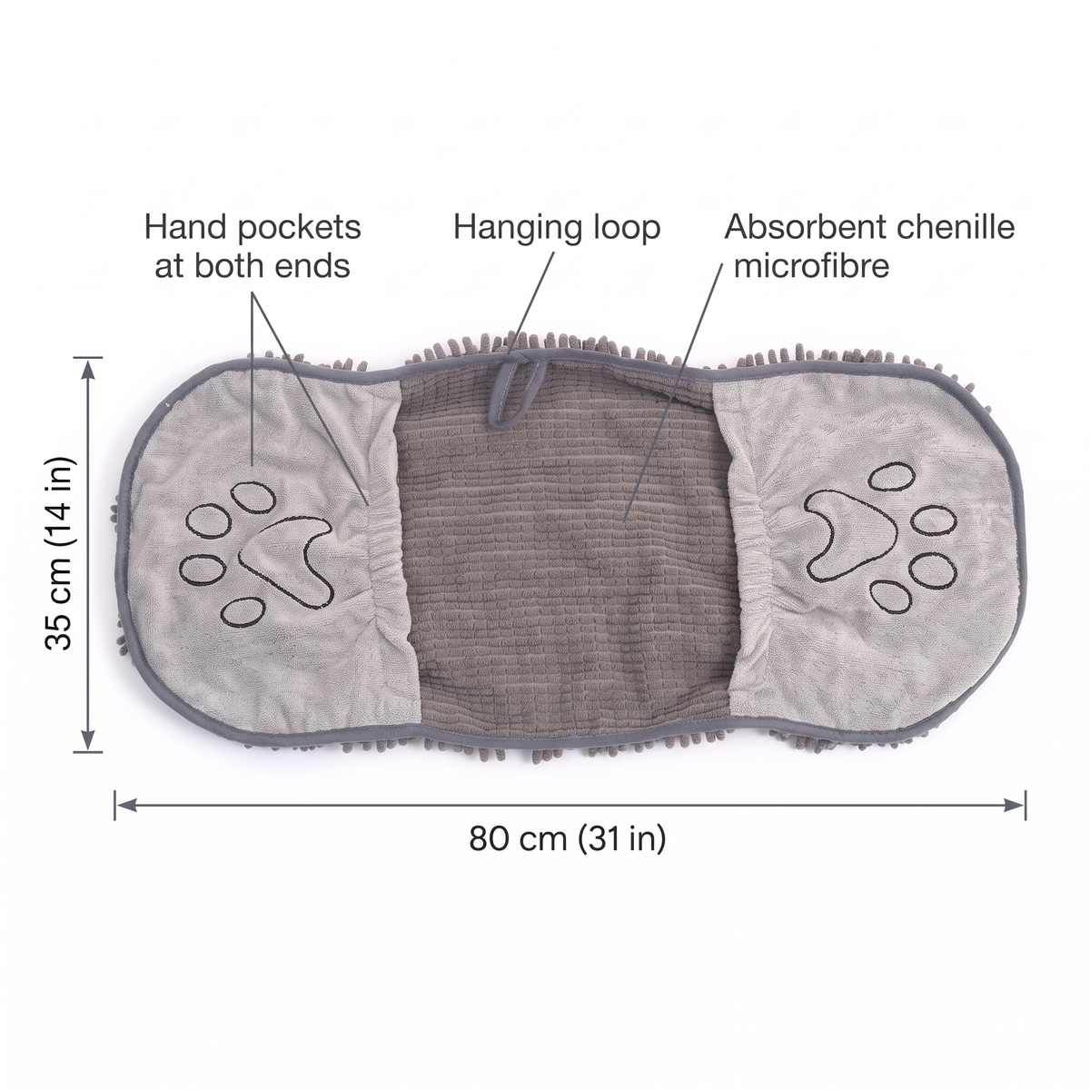 Chenille dog towel size 80 x 35 cm (31 x 14 in) with hand pockets and hanging loop