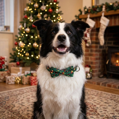 Border Collie by the Christmas tree wearing the green bow tie dog collar