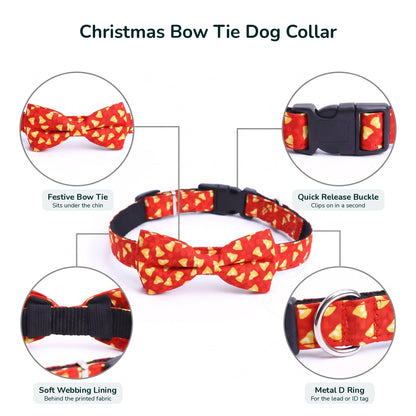 Christmas bow tie dog collar details: bow tie, buckle, lining and D ring