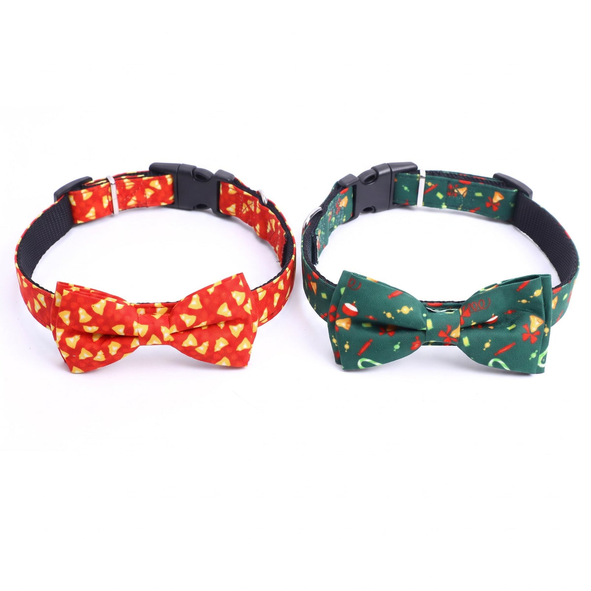 Christmas bow tie dog collars in Red Bells and Green Festive