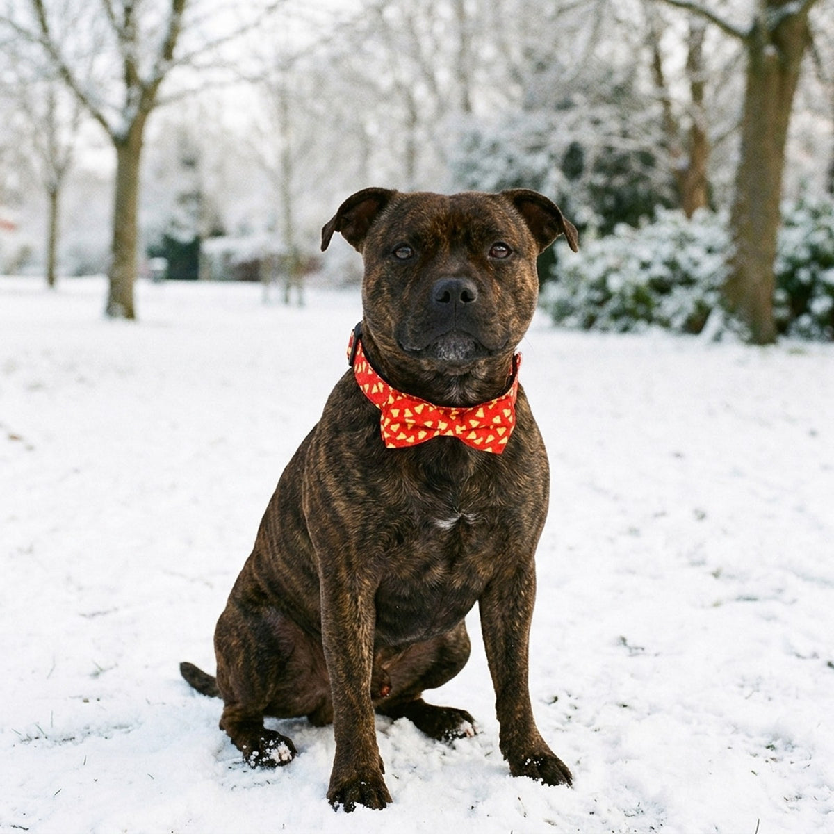 Staffordshire Bull Terrier in the snow wearing the red bow tie dog collar
