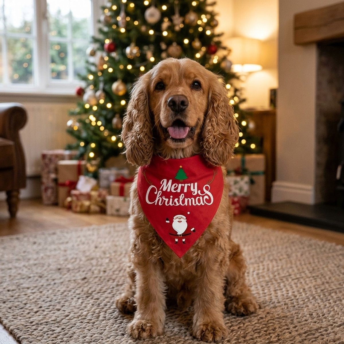 Cocker Spaniel wearing a red Christmas bandana by the Christmas tree