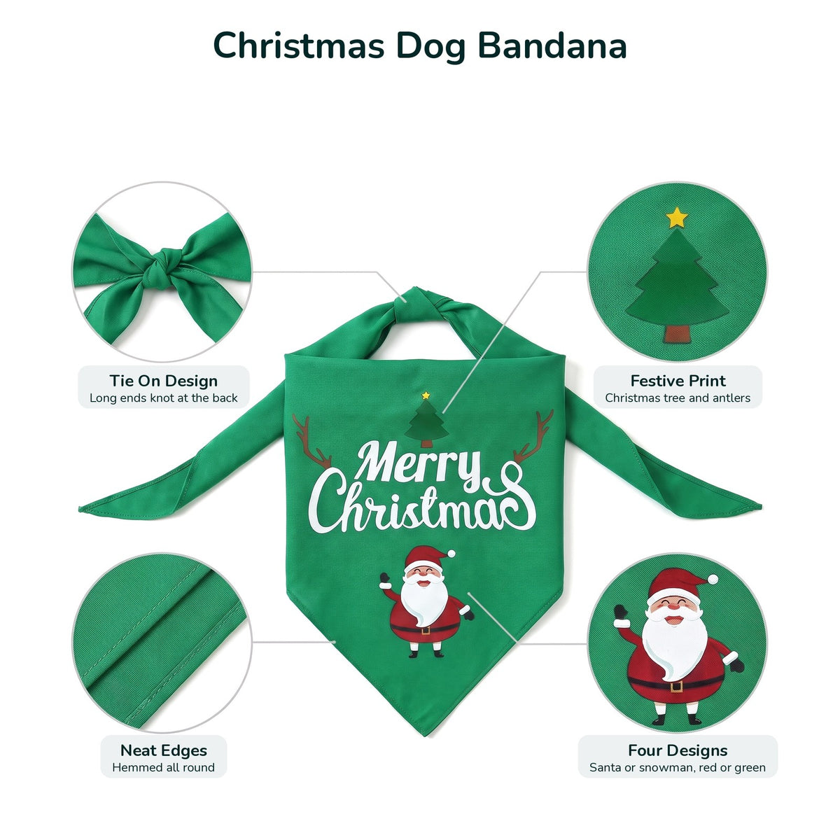 Christmas dog bandana details: tie on ends, hemmed edges and festive print