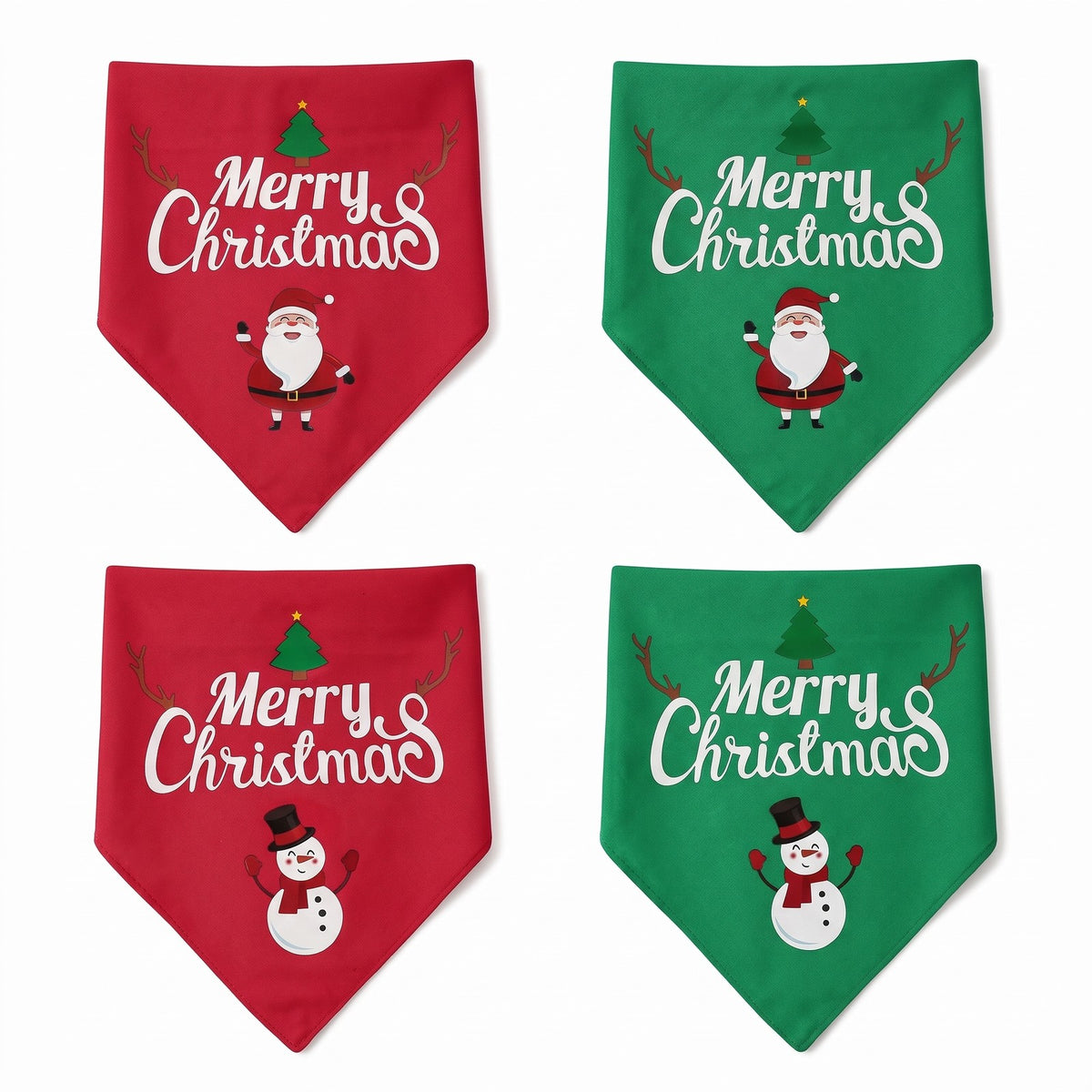 Four Christmas dog bandana designs: red and green with Santa or snowman