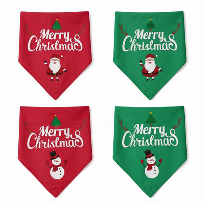 Four Christmas dog bandana designs: red and green with Santa or snowman