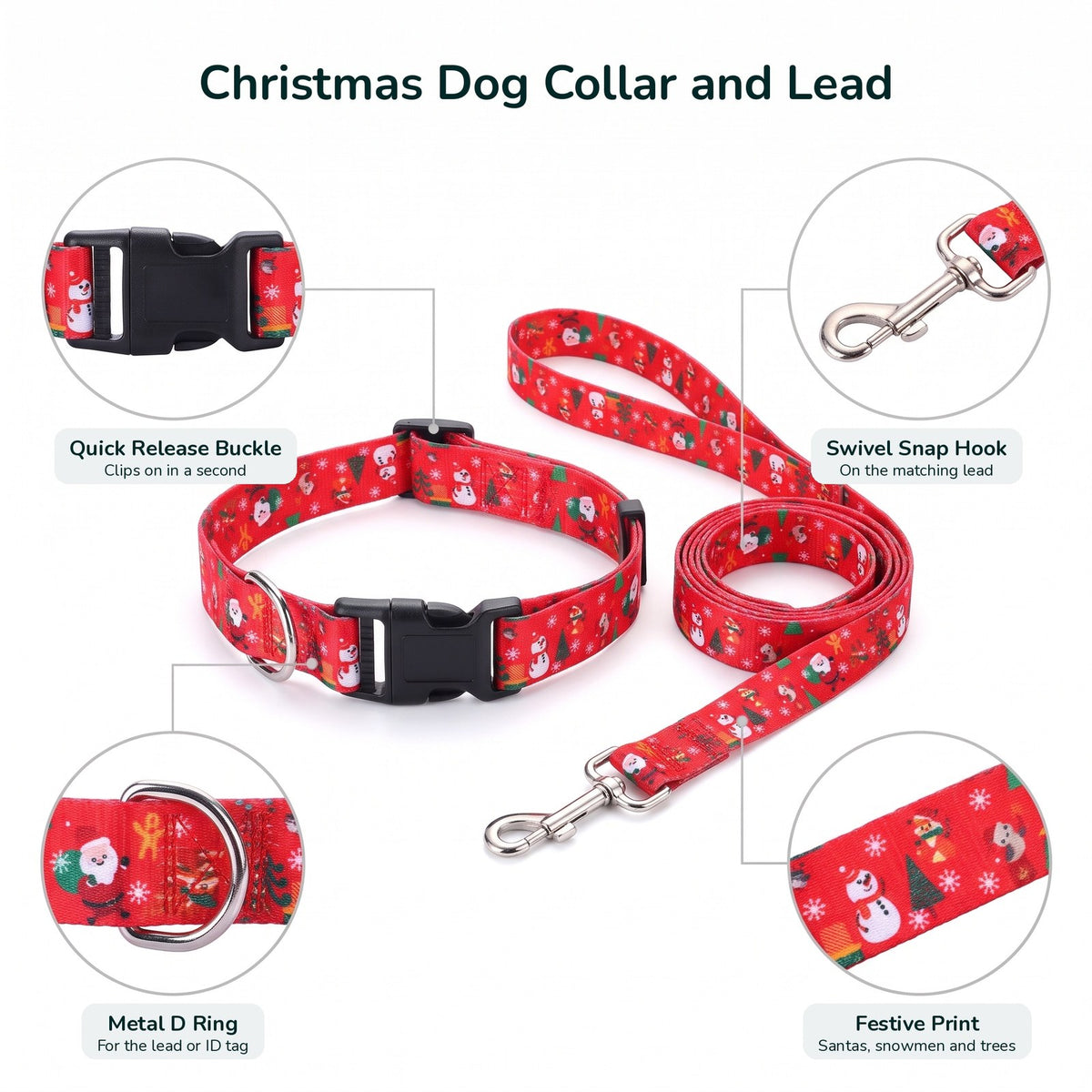 Christmas dog collar and lead details: buckle, snap hook, D ring and print