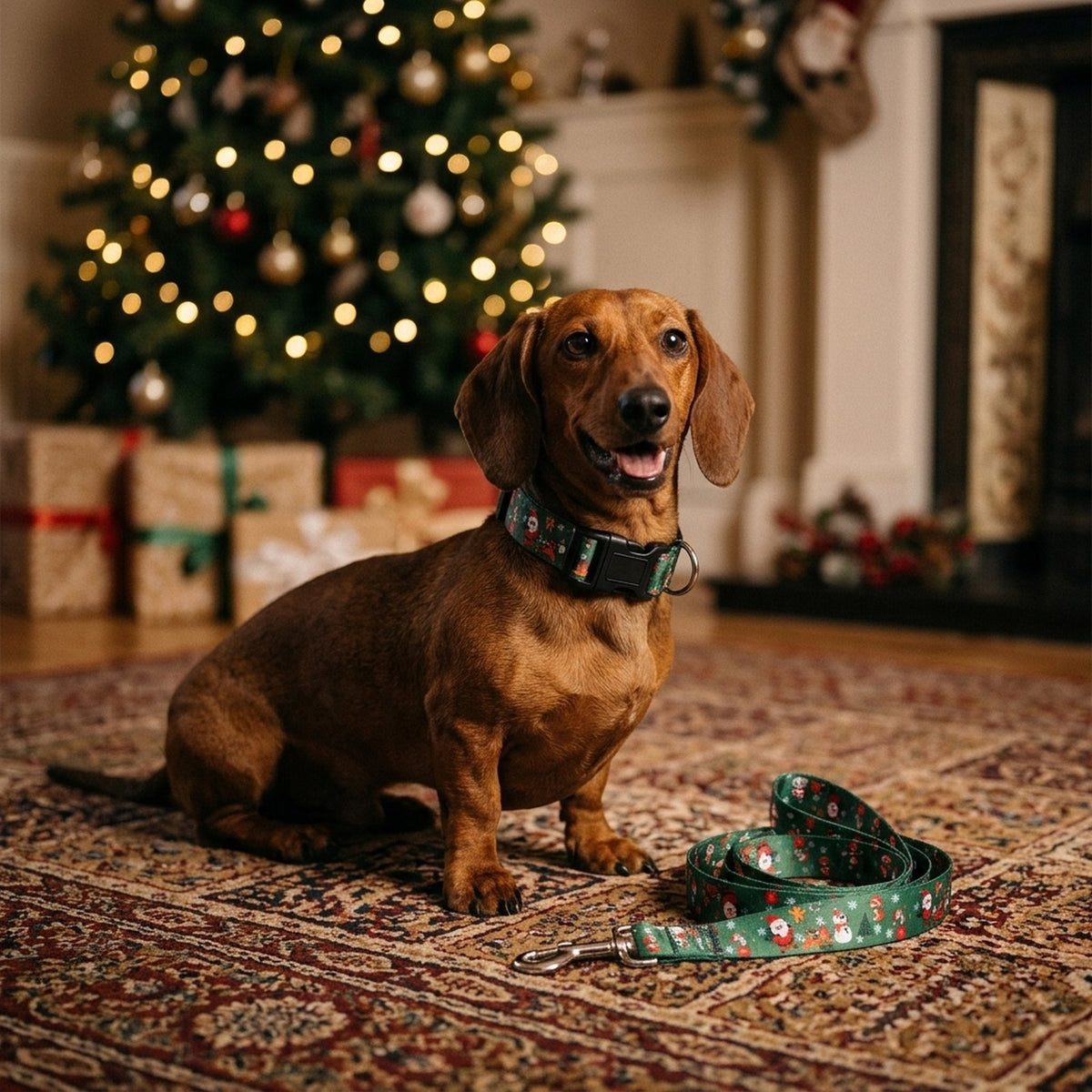 Dachshund by the Christmas tree wearing the green Christmas dog collar