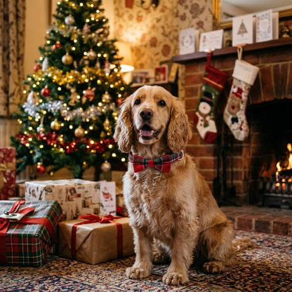 Cocker Spaniel wearing a red tartan Christmas collar by the Christmas tree