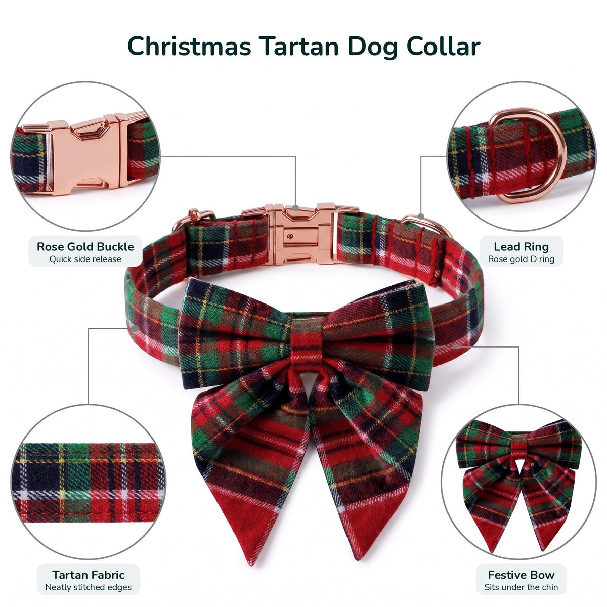 Christmas tartan dog collar details: rose gold buckle, lead ring, tartan fabric and festive bow