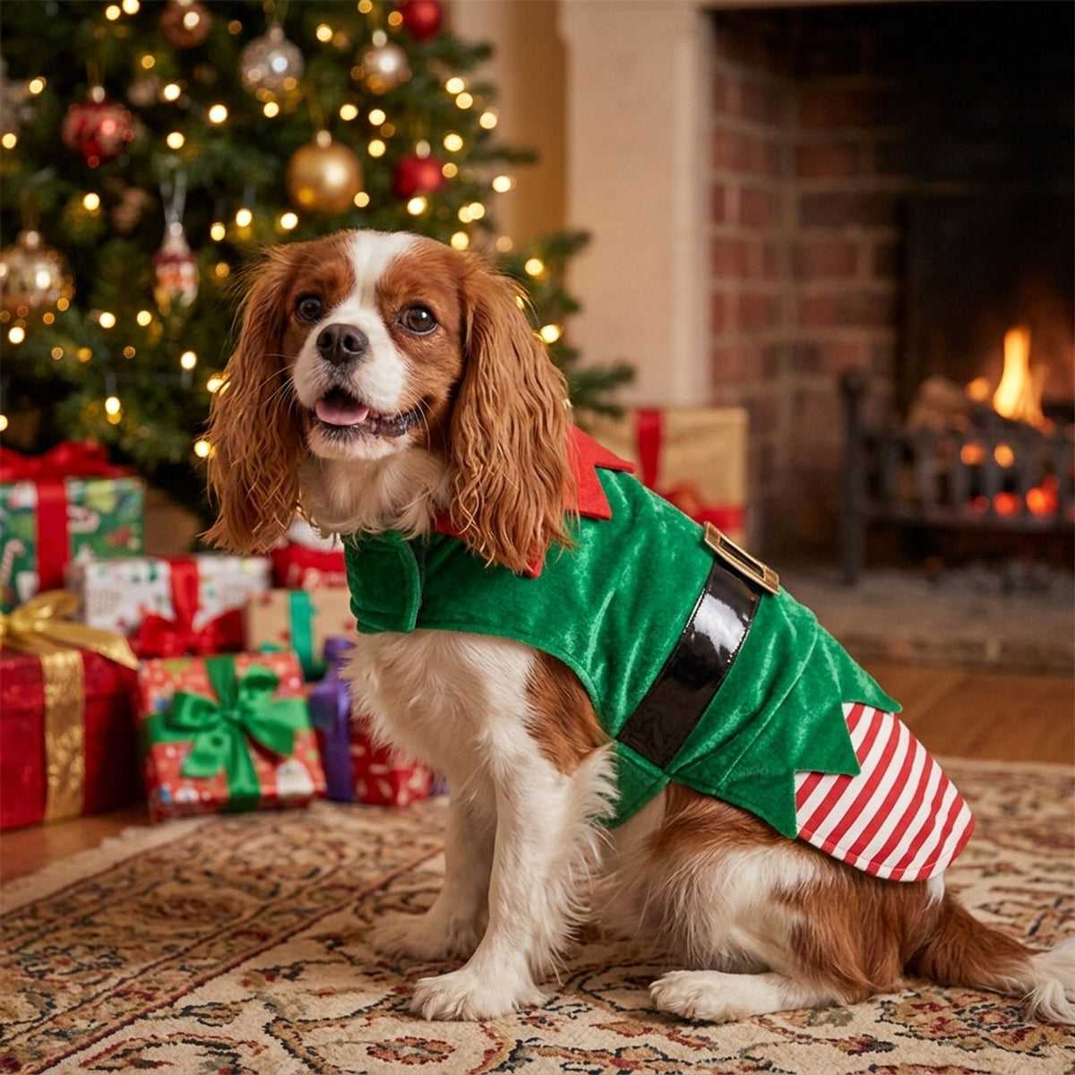 Cavalier King Charles Spaniel in the Elf costume by the Christmas tree