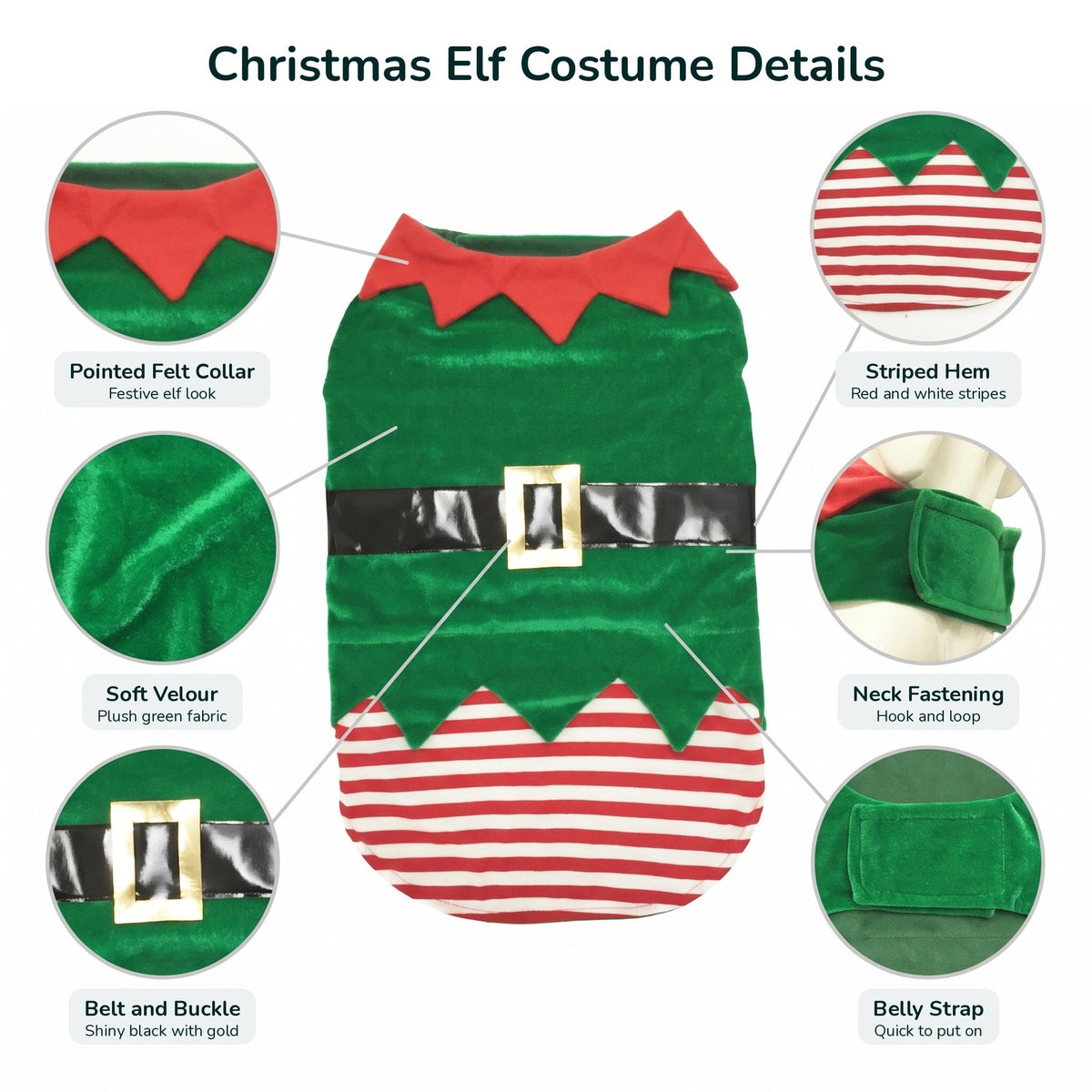 Elf dog costume details: felt collar, velour, belt and buckle, striped hem, hook and loop straps