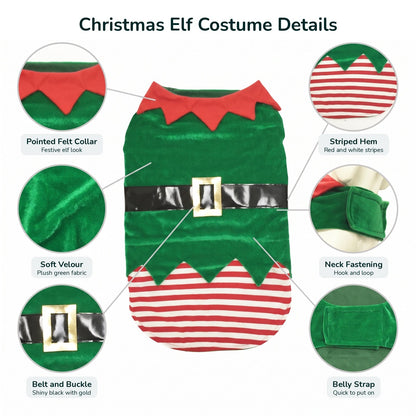 Elf dog costume details: felt collar, velour, belt and buckle, striped hem, hook and loop straps