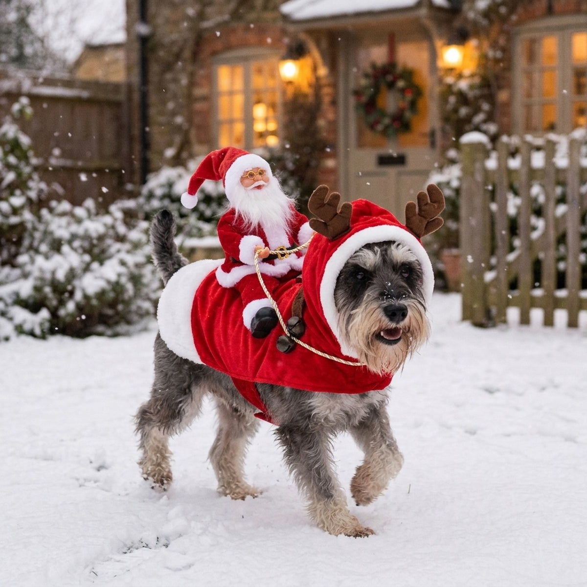 Miniature Schnauzer in the Santa Rider costume in a snowy garden