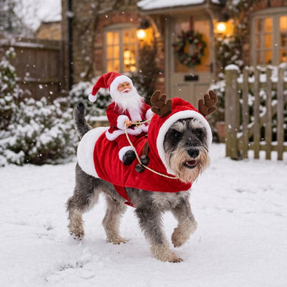 Miniature Schnauzer in the Santa Rider costume in a snowy garden