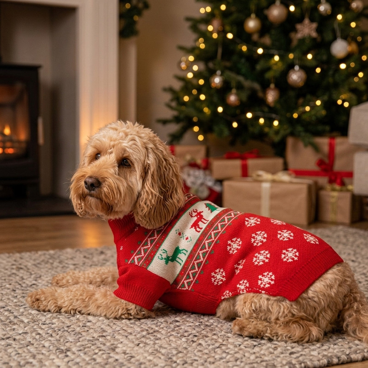 Cockapoo wearing the Fair Isle Reindeer Christmas jumper by the Christmas tree