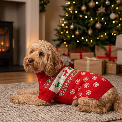Cockapoo wearing the Fair Isle Reindeer Christmas jumper by the Christmas tree