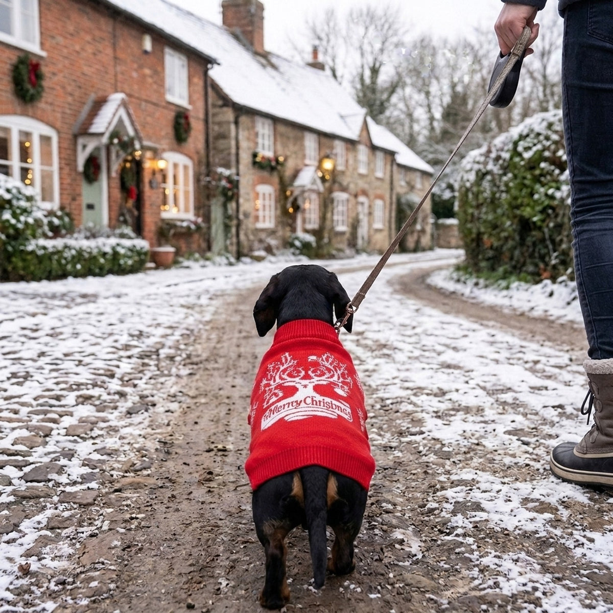 Dachshund wearing the Merry Christmas dog jumper on a frosty village walk