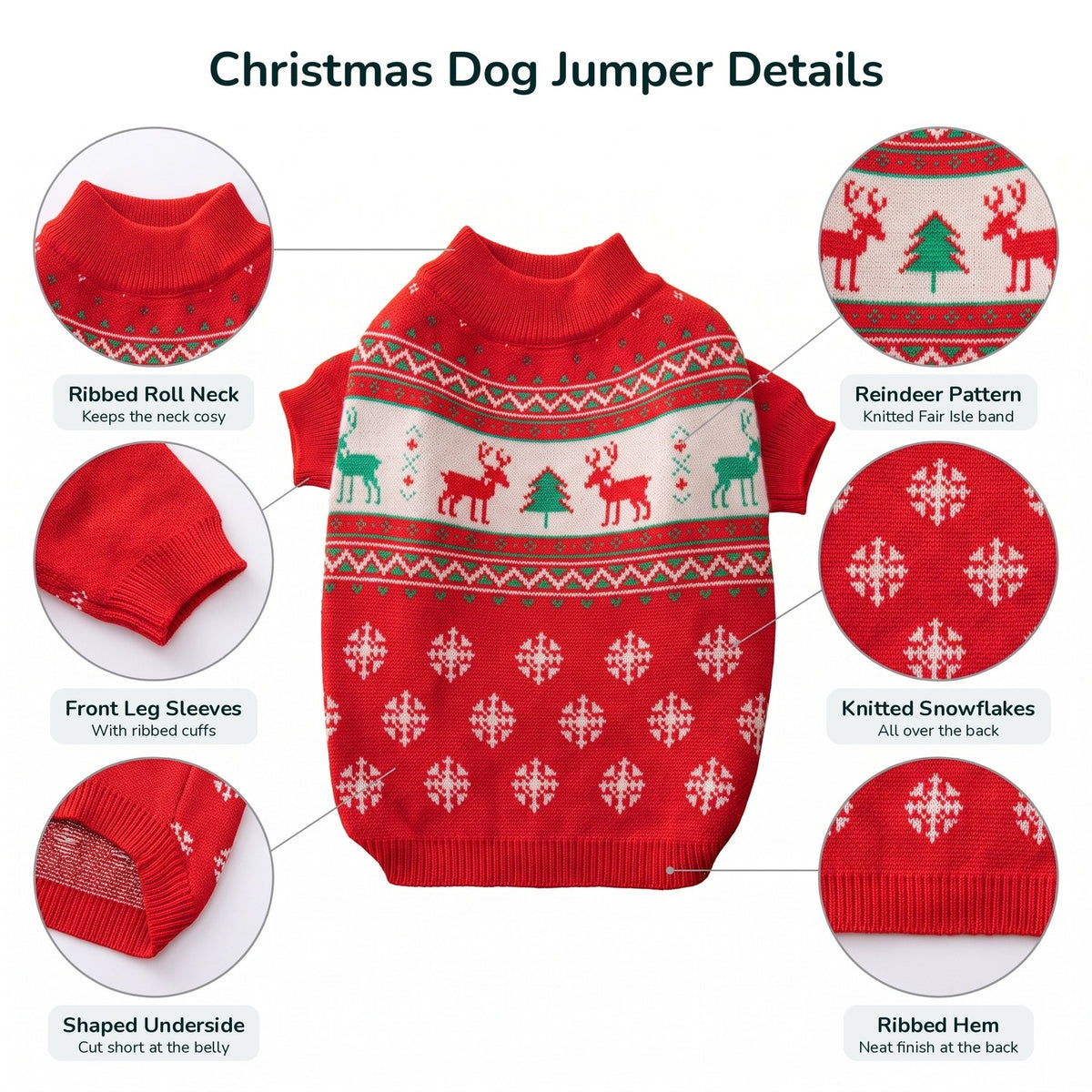 Christmas dog jumper details: ribbed roll neck, front leg sleeves, shaped underside, reindeer pattern, knitted snowflakes, ribbed hem