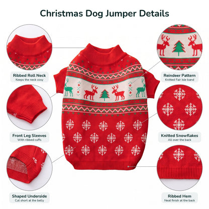 Christmas dog jumper details: ribbed roll neck, front leg sleeves, shaped underside, reindeer pattern, knitted snowflakes, ribbed hem