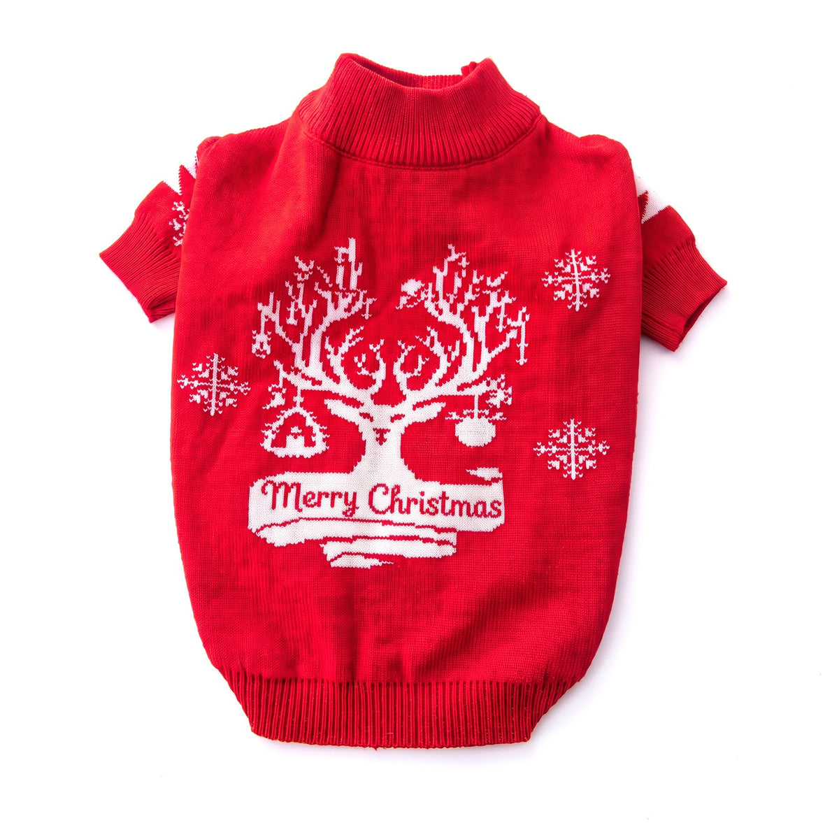 Christmas dog jumper Merry Christmas design with reindeer head, laid flat