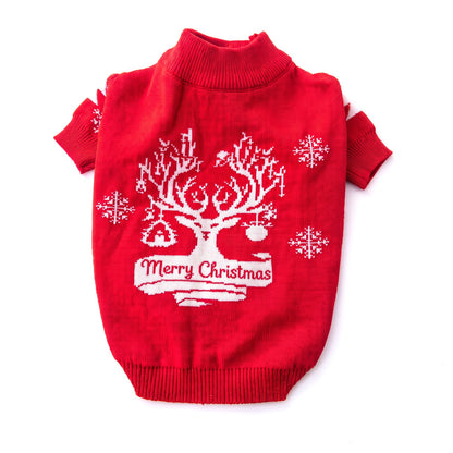 Christmas dog jumper Merry Christmas design with reindeer head, laid flat