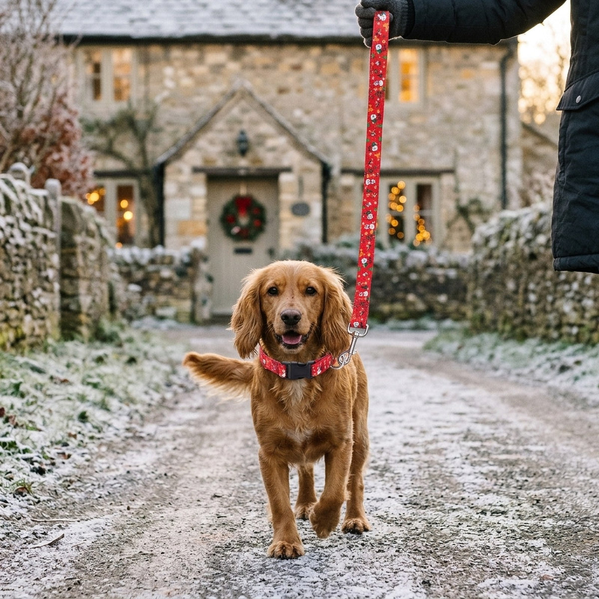 Cocker Spaniel on a winter walk wearing the red Christmas dog collar and lead