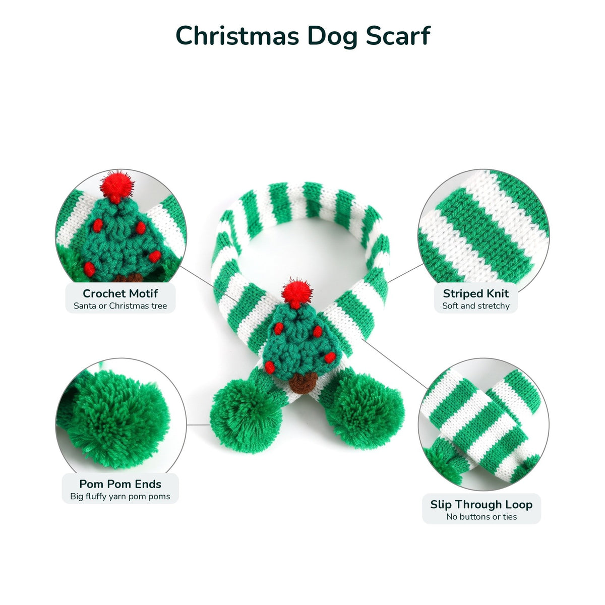 Christmas dog scarf details: crochet motif, striped knit, pom pom ends and slip through loop