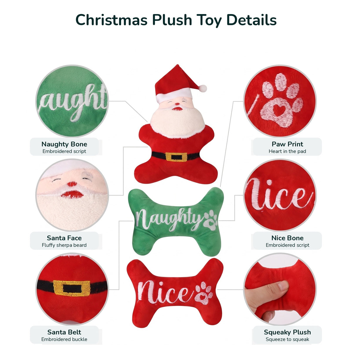 Christmas plush dog toy details: embroidery, paw print, sherpa beard, belt and squeaker