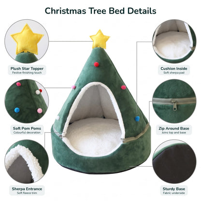 Christmas tree dog bed details: star topper, pom poms, sherpa entrance, cushion, zip, base
