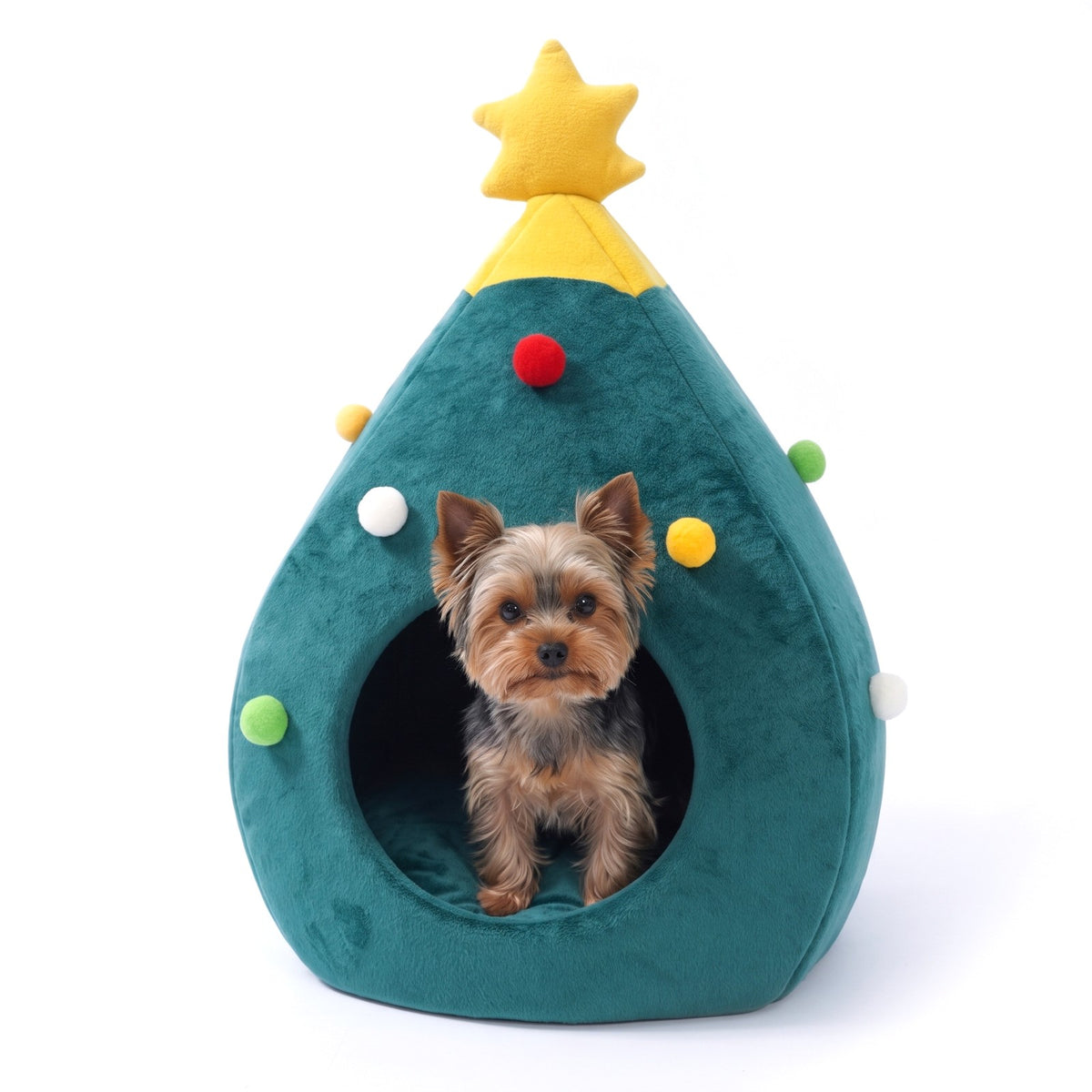 Dome Christmas tree dog bed with a Yorkshire Terrier