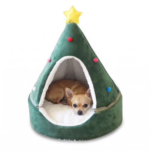 Star Cone Christmas tree dog bed with a Chihuahua inside