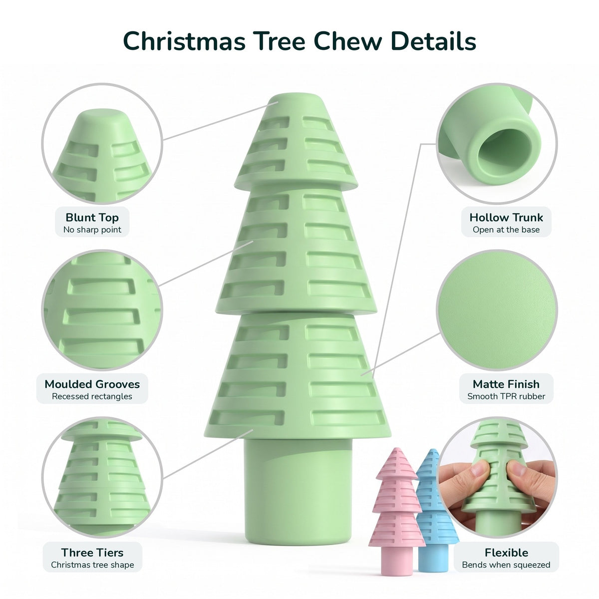 Christmas tree chew toy details: blunt top, moulded grooves, three tiers, hollow trunk, matte finish, flexible
