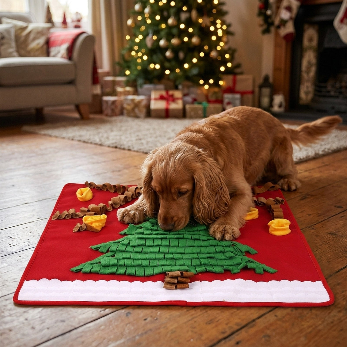 Cocker Spaniel sniffing the Christmas tree snuffle mat beside a Christmas tree