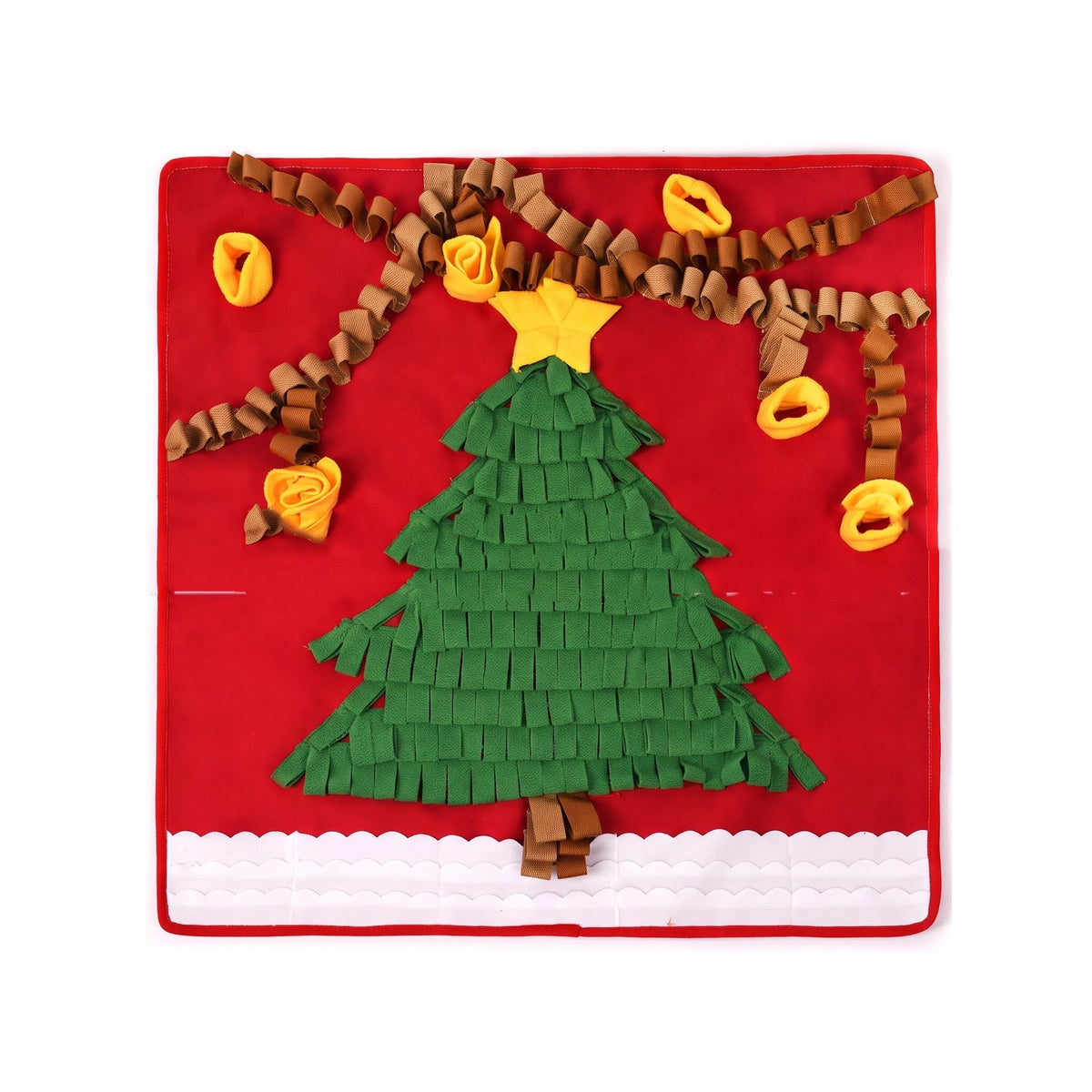 Christmas tree snuffle mat for dogs, red base with green fleece tree