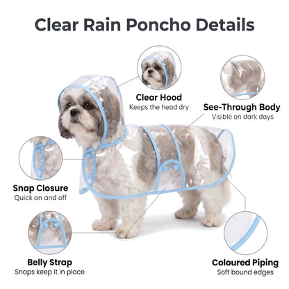 Clear dog rain poncho details: clear hood, see-through body, snap closure, belly strap, coloured piping