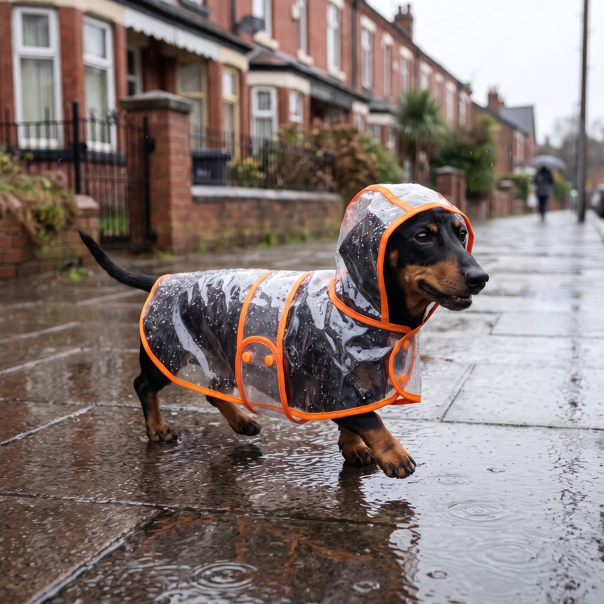 Miniature Dachshund in the clear dog raincoat with orange trim on a rainy British street