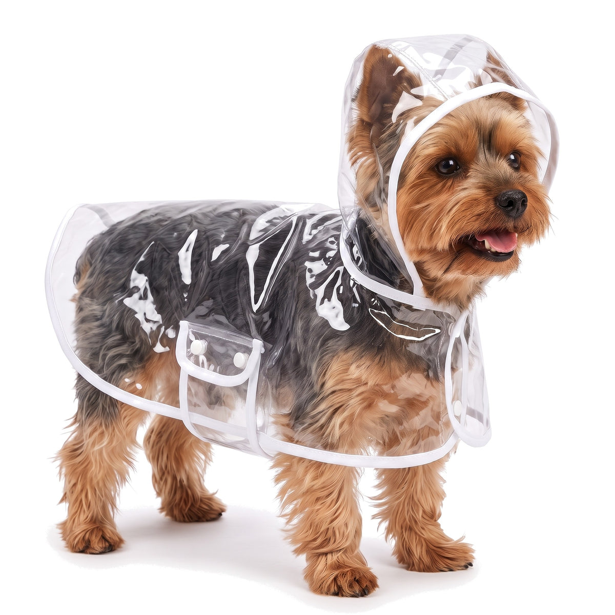 Yorkshire Terrier wearing the clear dog raincoat with white trim