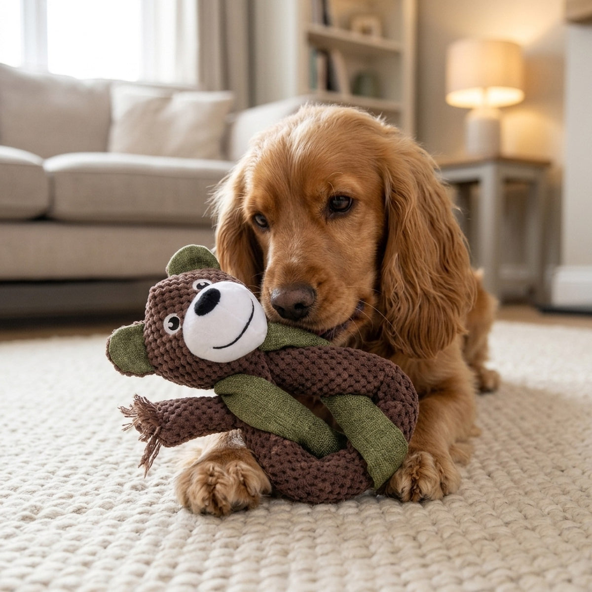 Cocker spaniel playing with the bear knot plush squeaky dog toy