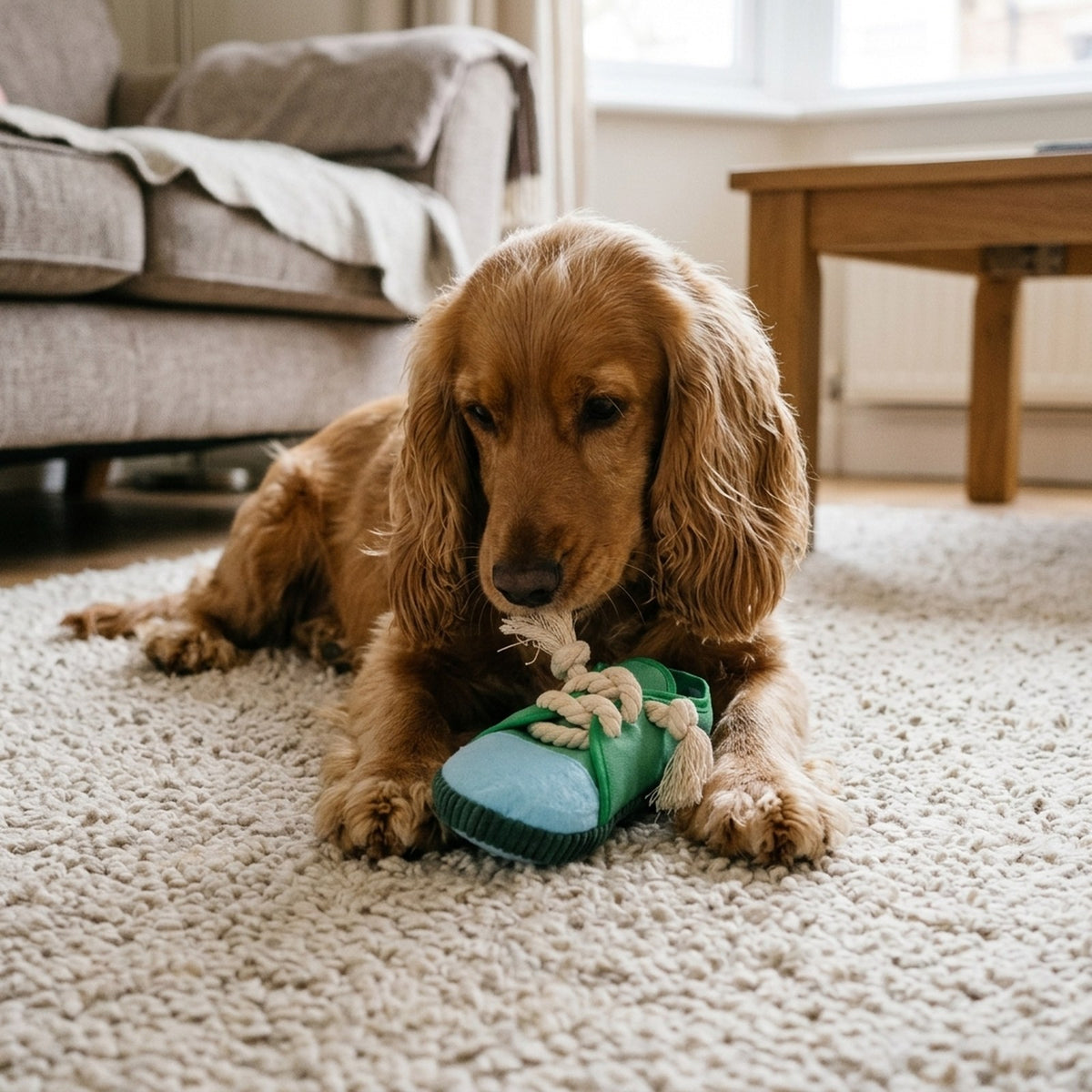 Cocker Spaniel lying on a rug chewing the rope lace of the green sneaker squeaky dog toy