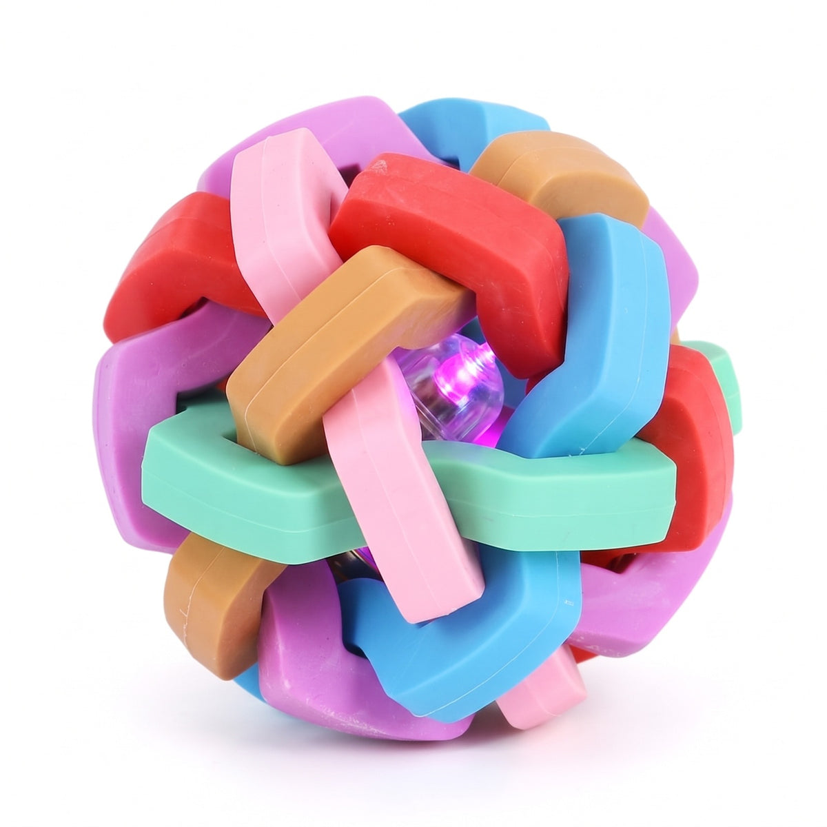 Light up dog ball, flashing light version: woven rainbow rubber ball with glowing LED capsule inside