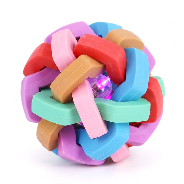 Light up dog ball, flashing light version: woven rainbow rubber ball with glowing LED capsule inside