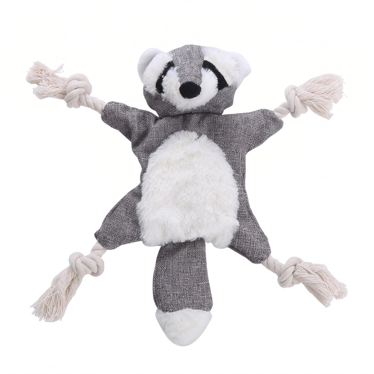 Grey raccoon no stuffing squeaky dog toy with knotted rope limbs