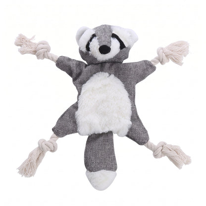 Grey raccoon no stuffing squeaky dog toy with knotted rope limbs