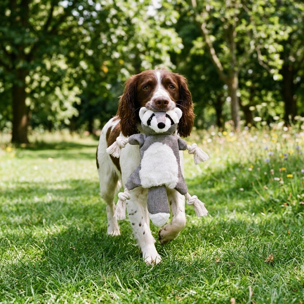 Springer Spaniel fetching the grey raccoon no stuffing dog toy in a park