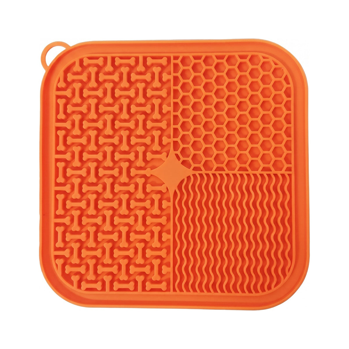 Orange silicone dog lick mat with suction cups, textured bone, honeycomb and wave pattern