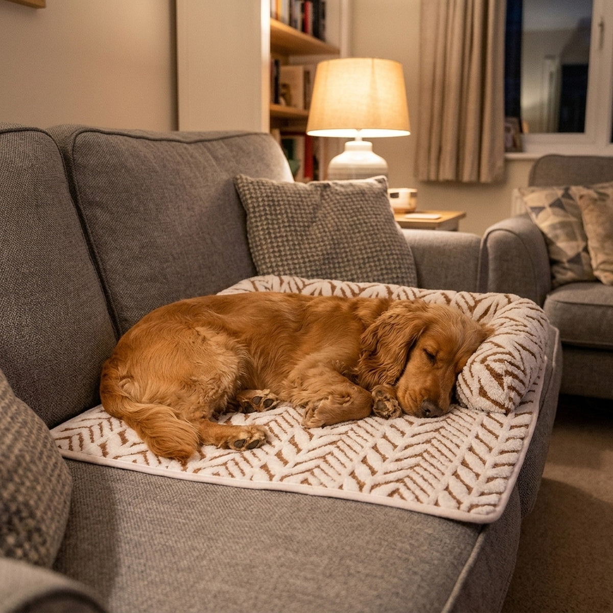 Cocker Spaniel asleep on the tan dog bed mat on a sofa