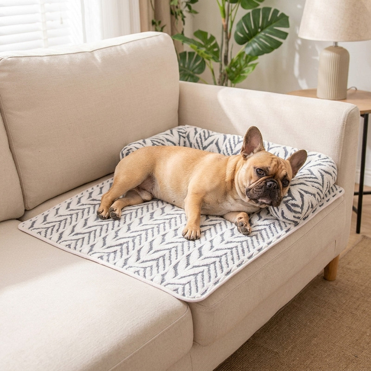 French Bulldog lying on the grey dog bed mat on a sofa