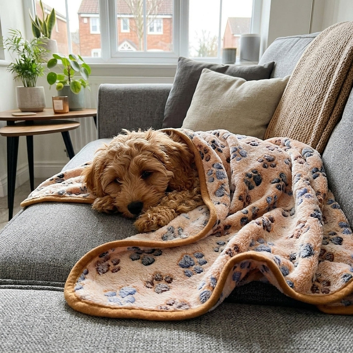 Cavapoo puppy wrapped in a camel paw print fleece blanket on the sofa